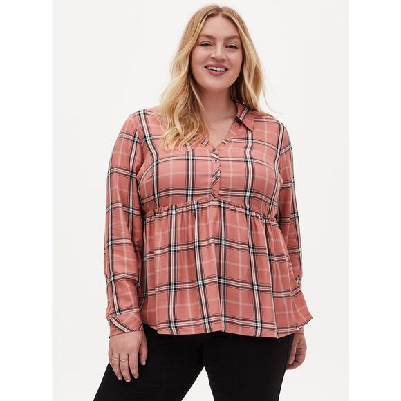 Torrid Peplum Top Plus 3X Plaid Twill‎ Button Front Long Sleeve Babydoll Pink - Picture 1 of 11